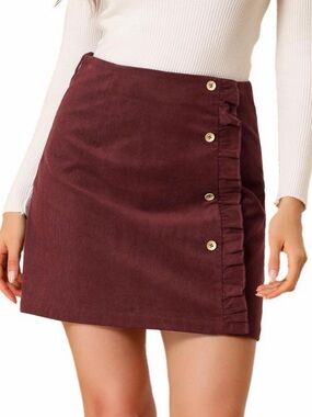 Allegra K - Women's Burgundy Corduroy Ruffle Skirt